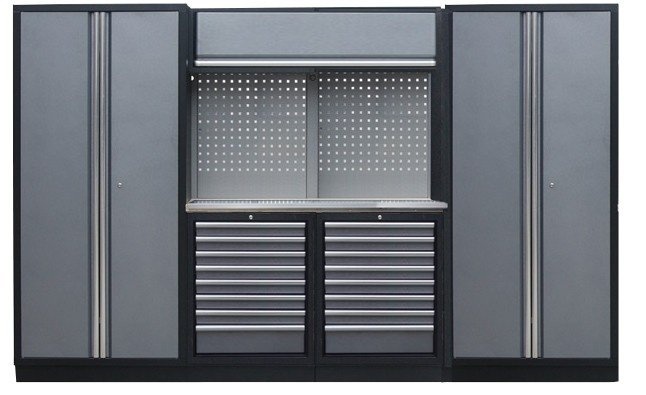 professioneel-garage-wandsysteem-2-rugpanelen-2-kasten-met-rvs-werkblad PROFESSIONEEL GARAGE WANDSYSTEEM 2 RUGPANELEN+ 2 KASTEN MET RVS WERKBLAD - Afbeelding 1