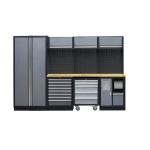 PROFESSIONEEL GARAGE WANDSYSTEEM 3 RUGPANELEN+ 1 KAST MET HOUTEN WERKBLAD