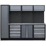PROFESSIONEEL GARAGE WANDSYSTEEM 3 RUGPANELEN+KAST MET RVS WERKBLAD