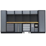 PROFESSIONEEL GARAGE WANDSYSTEEM 4 RUGPANELEN+ 2 HOGEKASTEN MET HOUTEN WERKBLAD