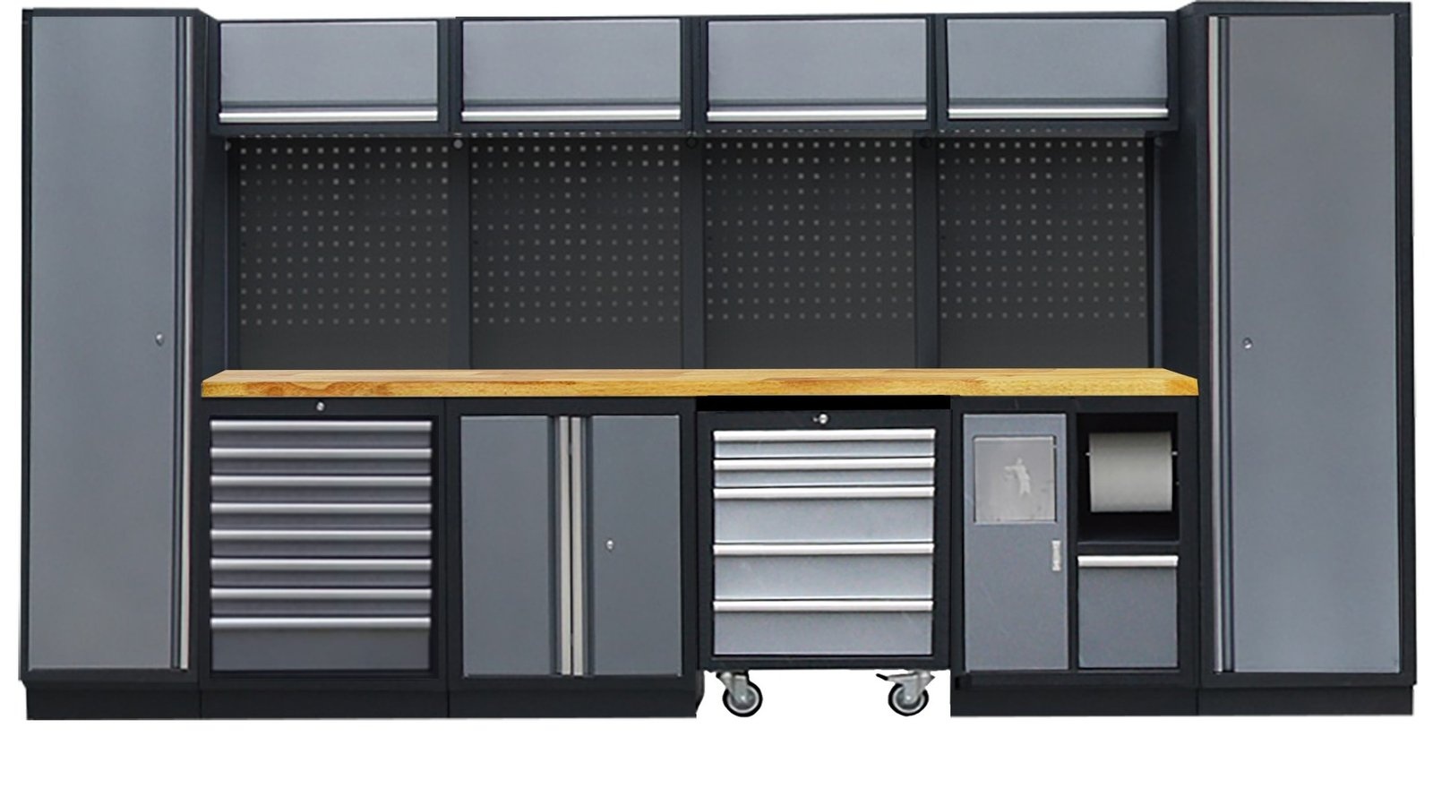 professioneel-garage-wandsysteem-4-rugpanelen-2-hogekasten-met-houten-werkblad-1 PROFESSIONEEL GARAGE WANDSYSTEEM 4 RUGPANELEN+ 2 HOGEKASTEN MET HOUTEN WERKBLAD - Afbeelding 1