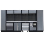 PROFESSIONEEL GARAGE WANDSYSTEEM 4 RUGPANELEN+ 2 HOGEKASTEN MET RVS WERKBLAD